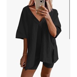 Women's Oversized Black V-Neck Top